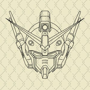 Pu&ograve; includere: Illustrazione a linea di una testa di robot con un grande visore e antenne. La testa del robot &egrave; disegnata in uno stile dettagliato con molte linee e curve.