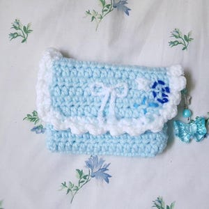 Handmade Crochet Wallet - Blue & White Coin Purse with Charm, Cute Gift for Her, Compact Pouch for Lipstick, Cards and Essentials