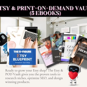 Op de afbeelding: Afbeelding die een Etsy & Print-on-Demand Vault met 5 eBooks promoot. De afbeelding bevat een laptop, verschillende boekomslagen en een blauwe robot met een hart. Tekst bevat "The 6-Figure Etsy Blueprint" en "Build Your Brand Ebook".