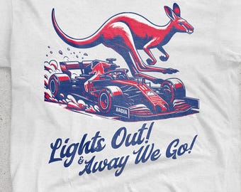 Lights Out And Away We Go Australian GP t shirt with formula one car and kangaroo. Formula one fan shirt. Grand Prix t-shirt. Formula merch.