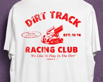 Dirt Track Racing Club. Distressed double print T-shirt in a vibey vintage 90s style for car guys, car girls, motorsport fans.
