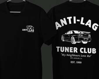 Anti Lag Tuner Club. Large backprint crewneck T-shirt in a vibey retro vintage 90s style for car guys car girls, tuners and motorsport fans.