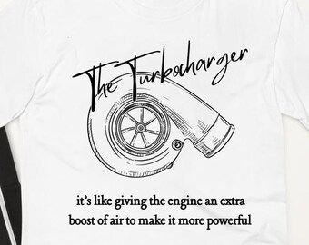 La camiseta de Fórmula 1 de carreras de deportes de motor con definición de turbocompresor. Camiseta del día de la carrera. Regalo para él. Regalo para un amante de los coches. Boceto minimalista.