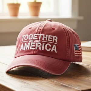 May include: A red baseball cap with the words "TOGETHER WE ARE AMERICA" in white block letters. The American flag is on the side of the cap. The cap is sitting on a wooden surface.