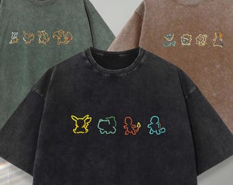 Custom PKM Outline Embroidered Washed Shirt, Persionalize Embroidered Anime Washed Tee, Anime Shirt, Anime Fan Gift