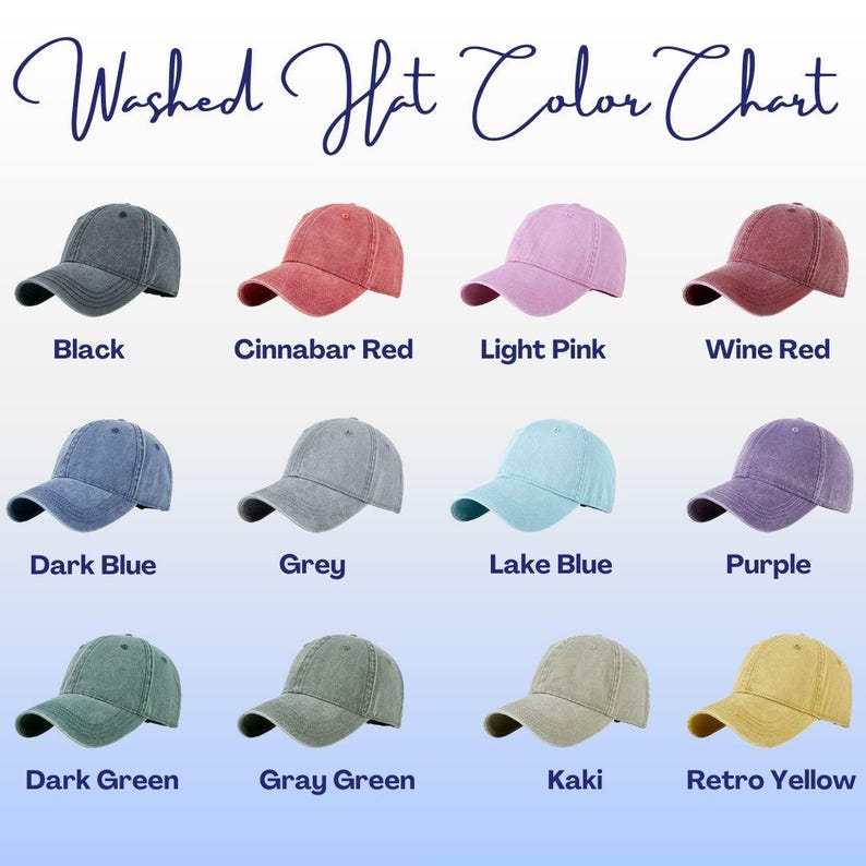 Puede incluir: Una carta de colores de gorras de b&eacute;isbol lavadas en varios colores, incluyendo negro, rojo cinabrio, rosa claro, rojo vino, azul oscuro, gris, azul lago, morado, verde oscuro, verde gris, caqui y amarillo retro. El texto "Washed Hat Color Chart" est&aacute; en la parte superior.