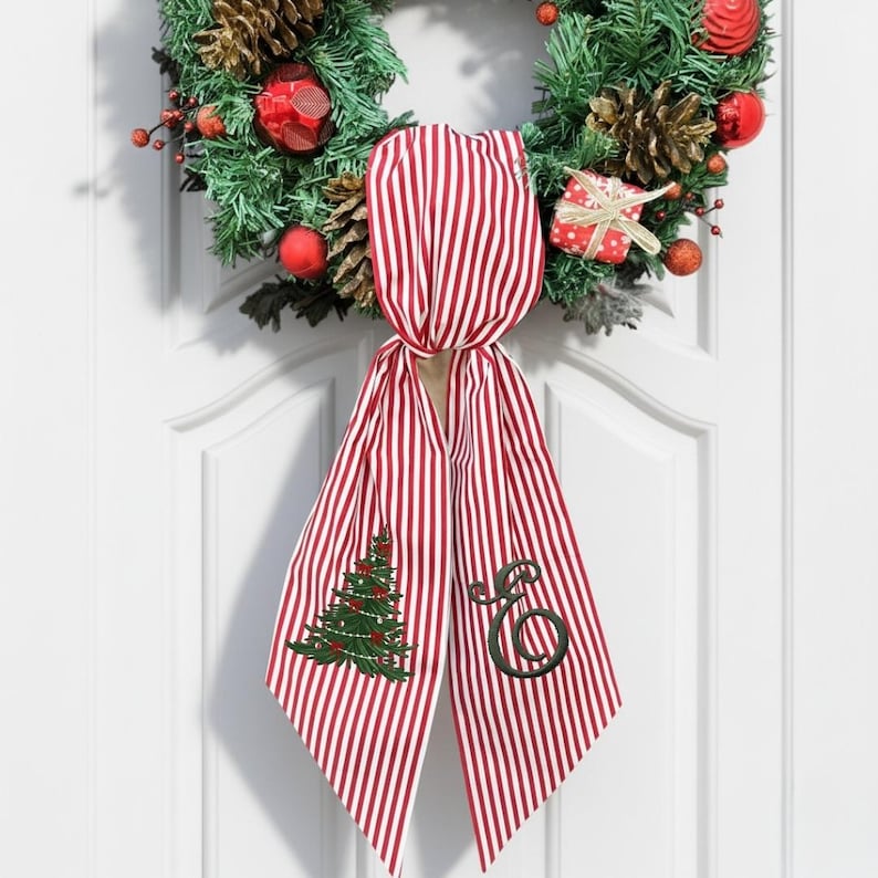 Custom Monogram Christmas Tree Embroidered Wreath Sash, Initial Organic Linen 1 Layer Winter Door Decor