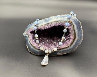 Blue Banded Agate Pendant Necklace: Boho Style Magnetic Clasp