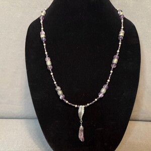 Amethyst necklace long boho Amethyst bead necklace with Amethyst and leaf pendent with magnetic clasp handmade in the USA by Stone Basement