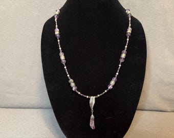 Amethyst Bead Necklace: Long Boho Style with Leaf Pendant