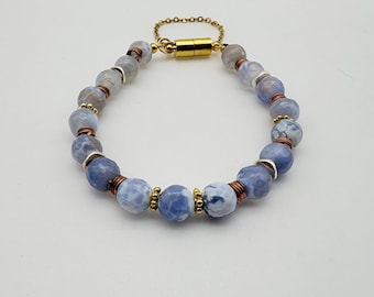 Handcrafted Blue Lace Agate Bracelet: Boho Magnetic Clasp