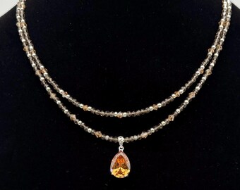 Royal Topaz color Glass Pendant Necklace: Crystal Bead, Handmade USA
