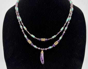 Handmade 2 layer Amethyst Pendant bead Necklace: Ocean Jasper w/ gold tone accents