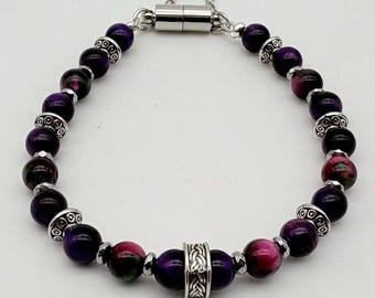 Handcrafted Purple & pink green Galactic Tigers Eye Bracelet with Magnetic Clasp