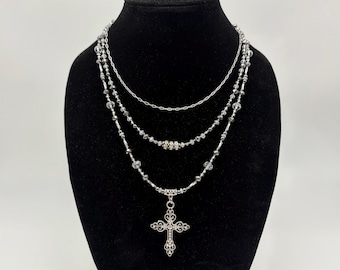 Crystal Cross Pendant Necklace: Hematite & Rhinestone, Magnetic Clasp