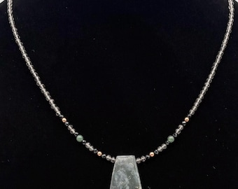 Stone Basement Artisan Moss Agate, Smokey Quarts, Black Spinel & Copper Thin Minimalist Bead Necklace