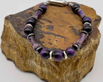 Purple Tiger Eye & Imperial Jasper Bracelet: Boho Magnetic Clasp