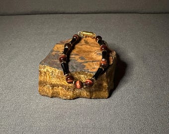 Red Tigers Eye & Onyx Bracelet: Boho Magnetic Clasp, Handmade