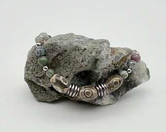 Boho Agate Bracelet: USA Hand Crafted Barrel Bead Design with silver tone accents
