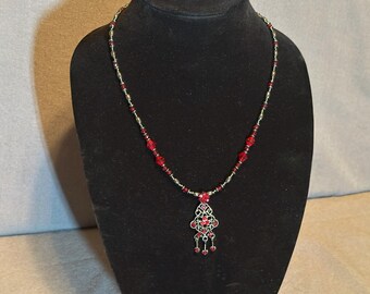 Ruby red crystal style bead necklace with pendent made by Stone Basement in the USA