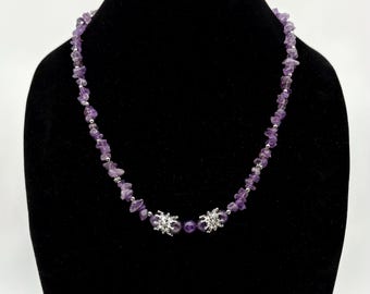 Amethyst Chip Bead Necklace: Round Amethyst Beads, Crown Spacers, Handmade in USA