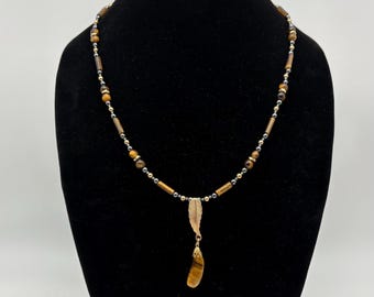 Handcrafted Tigers Eye Beaded Necklace with Hematite & Gold Clasp