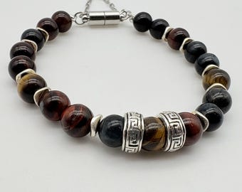 Handmade Multicolor Tiger's Eye Bead Bracelet with Magnetic Clasp
