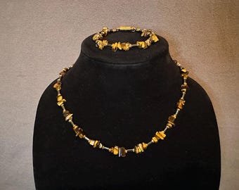 Tiger's Eye Chip Bead Necklace Bracelet Set - Magnetic Clasp