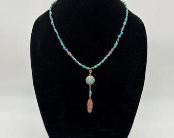 Handcrafted Turquoise Amethyst Bead Necklace with Copper Tone Pendant