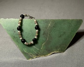 Handmade Black Jade Bracelet: Green Jade Accents, Magnetic Clasp