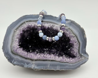 Amethyst & Blue Lace Agate Bracelet: Silver Tone Magnetic Clasp