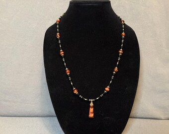 Red Tigers Eye Pendant Necklace: Long Boho Style, Magnetic Clasp