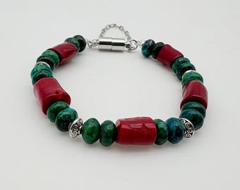 Handcrafted Boho Turquoise & Red Coral Bracelet: Magnetic Clasp