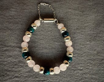 Rose Quartz & Dark Aqua Tiger's Eye Bracelet with Magnetic Clasp