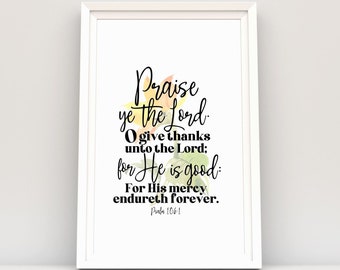 Praise ye the Lord printable Thanksgiving Bible verse art, thanksgiving table decor place card setting, wall art, classroom poster print