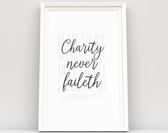 Charity never faileth KJV Bible verse print, Scripture verse poster print for home, school, church, King James Version 1 Corinthians 13 art