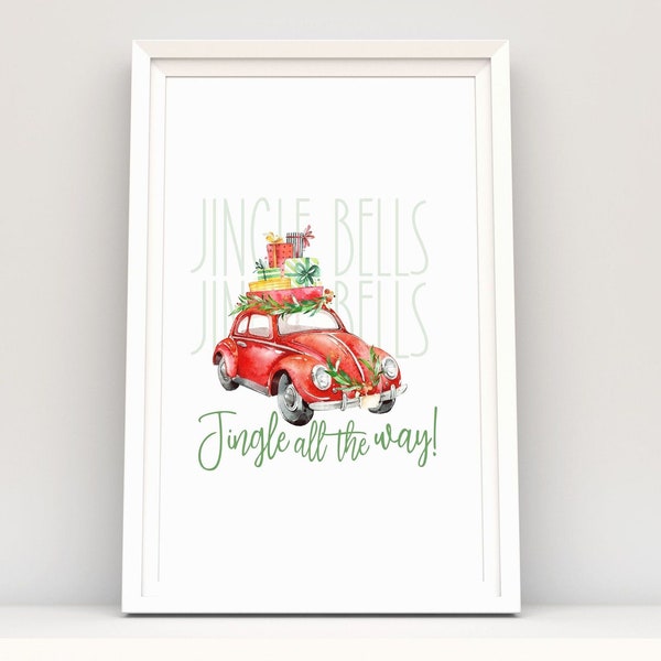 Christmas Printable Jingle All The Way Gallery Wall Art, Christmas Car, Volkswagen Beetle Digital DIY Print, Volkswagen Punch Buggy Wall Art