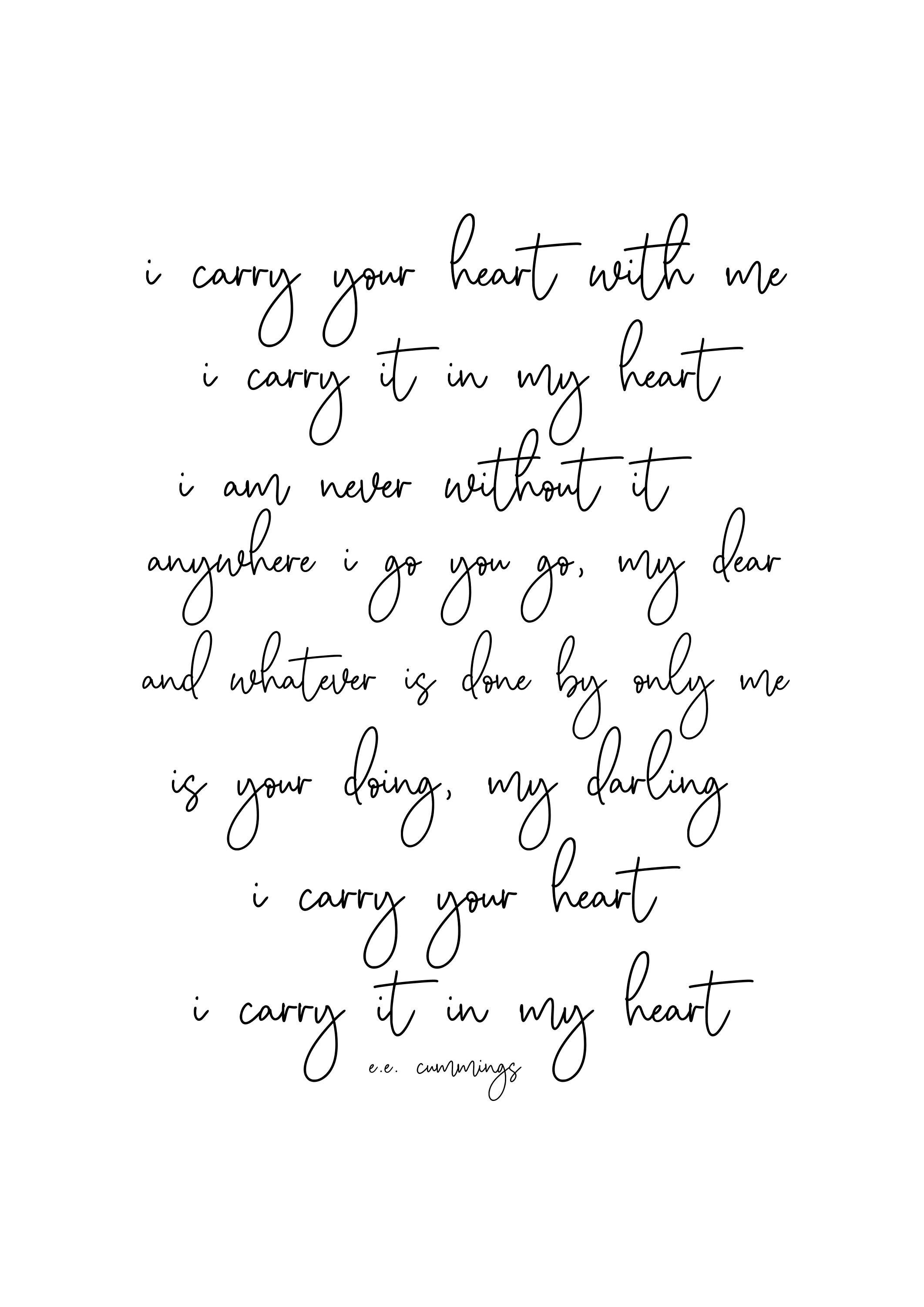 I carry you in my heart e e cummings poem print for bedroom Etsy España