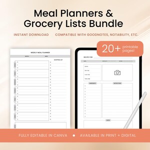 Può includere: Un pacchetto di planner digitali con oltre 20 pagine stampabili per la pianificazione dei pasti e le liste della spesa. Il pacchetto include un planner settimanale per i pasti con una lista della spesa e un modello di ricetta con sezioni per ingredienti, istruzioni e note. Il planner è completamente modificabile in Canva ed è disponibile in formato stampato e digitale.