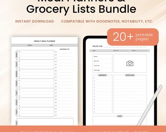 Meal & Grocery Planner Bundle | Print + Digital | Meal Prep Template | Grocery List Template | GoodNotes iPad Planner | Kitchen Inventory