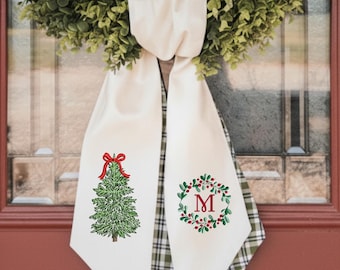 Christmas Bow Tree With Personalized Monogram Letter Embroidered Wreath Sash, Custom Name Organic Linen Winter Embroidery Sash Door Decor