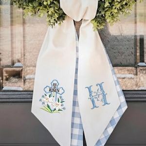 Faja de corona bordada con flores de cruz y "Él ha resucitado", monograma personalizado con iniciales, decoración de Pascua para el hogar, faja de lino para primavera.