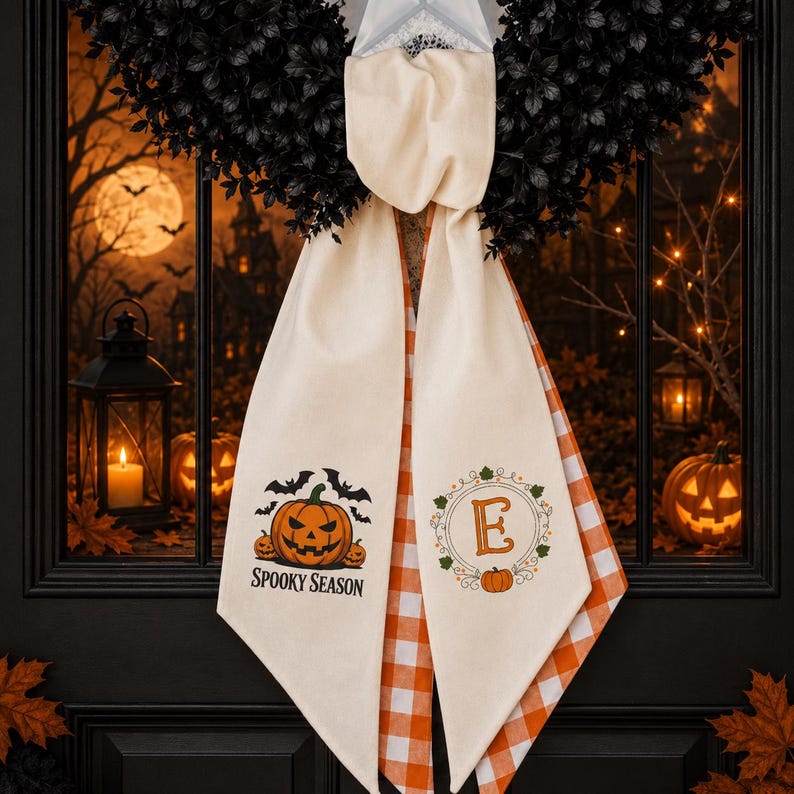 Puede incluir: Un colgador de puerta de tela color crema con dos extremos colgantes. El extremo izquierdo presenta una calabaza, murci&eacute;lagos y el texto "SPOOKY SEASON". El extremo derecho muestra una letra "E" dentro de una corona floral con una calabaza.
