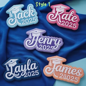 May include: Five graduation patches featuring different names and the year 2025. The patches are in various colours: blue, pink, purple, navy blue, and orange. Each patch has a white graduation cap with a tassel.