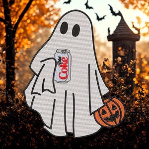May include: A white ghost illustration holding a Diet Coke can and an orange jack-o'-lantern. The ghost has two black oval eyes and a black outline. The background features a blurred autumn scene with bats and a tower.