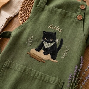 Personalized Cute Black Cat Chef Baking Embroidered Linen Apron, Custom Kids Name Kitchen Aprons, Cooking Apron With Pocket, Gift for Bakers