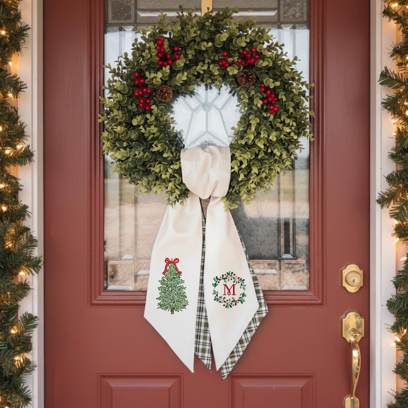 Christmas Bow Tree With Personalized Monogram Letter Embroidered Wreath Sash, Custom Name Organic Linen Winter Embroidery Sash Door Decor