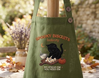 Spooky Kitty Biscuits Bakery Black Cat Chef geborduurd linnen schort, vintage bakken pompoen halloween schorten, bakken kattenliefhebbers keukenschort