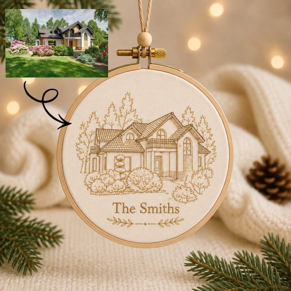 Personalized House Portrait Ornament, Custom Embroidered Home Keepsake, Realtor Closing Gift, New Home Christmas Tree Decor, Family Name Art
