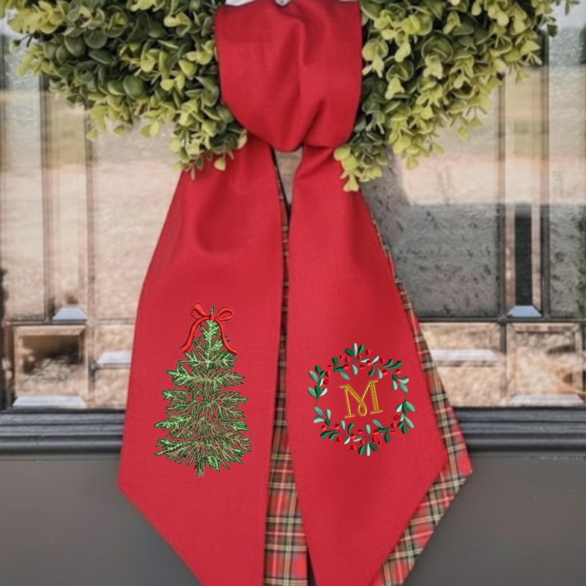 Christmas Bow Tree With Personalized Monogram Letter Embroidered Wreath Sash, Custom Name Organic Linen Winter Embroidery Sash Door Decor - Etsy